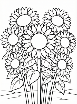 Free printable coloring page showing a bunch of sunflowers with leaves and stems, perfect for kids to practice coloring and learn about flowers
