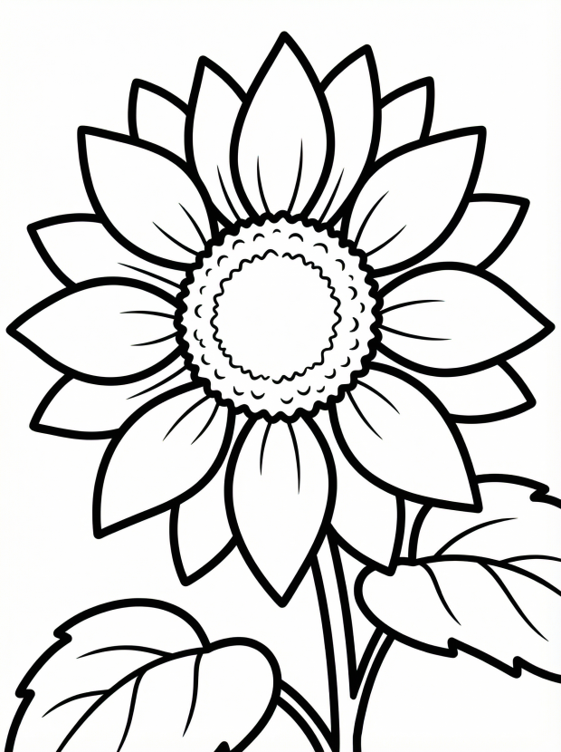 Free printable coloring page showing a sunflower close up, perfect for kids to practice coloring petals and learn about flowers