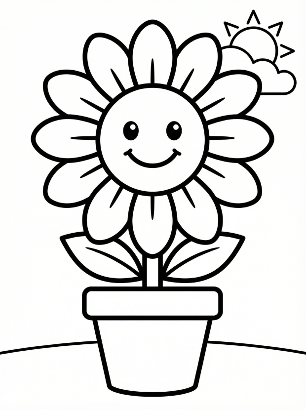 Free printable coloring page showing a smiling sunflower in a pot, perfect for kids to practice coloring and fine motor skills
