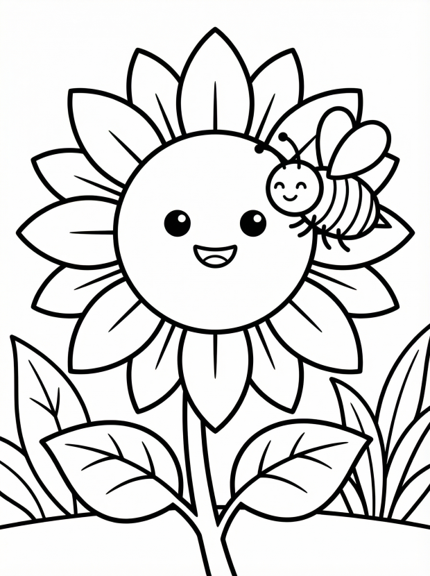 Free printable coloring page showing a smiling sunflower with a bee, perfect for kids to practice coloring and learn about flowers
