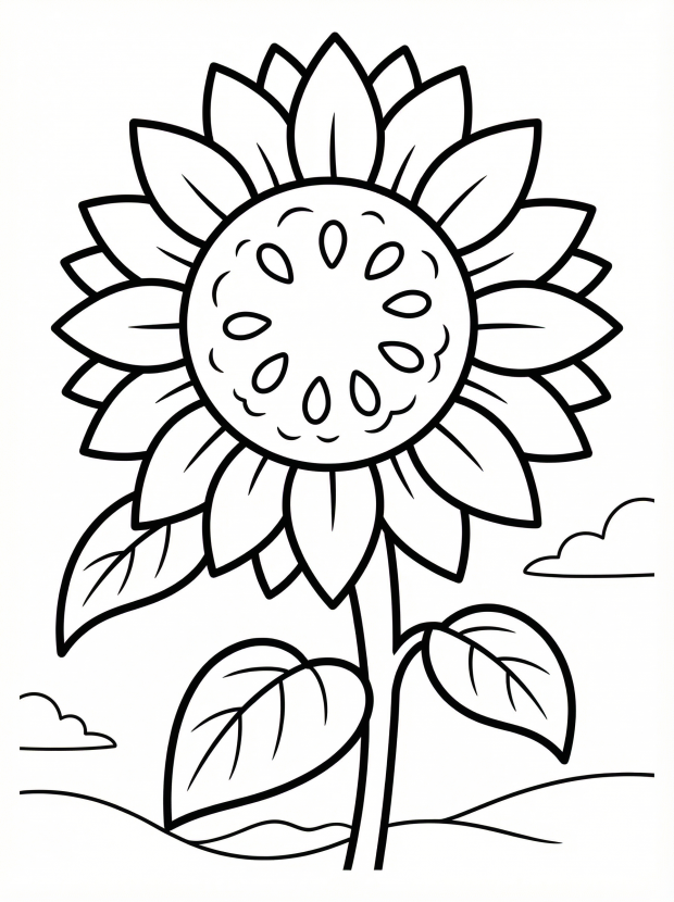 Free printable coloring page showing a sunflower with visible seeds and petals, perfect for kids to practice coloring and learn about plants