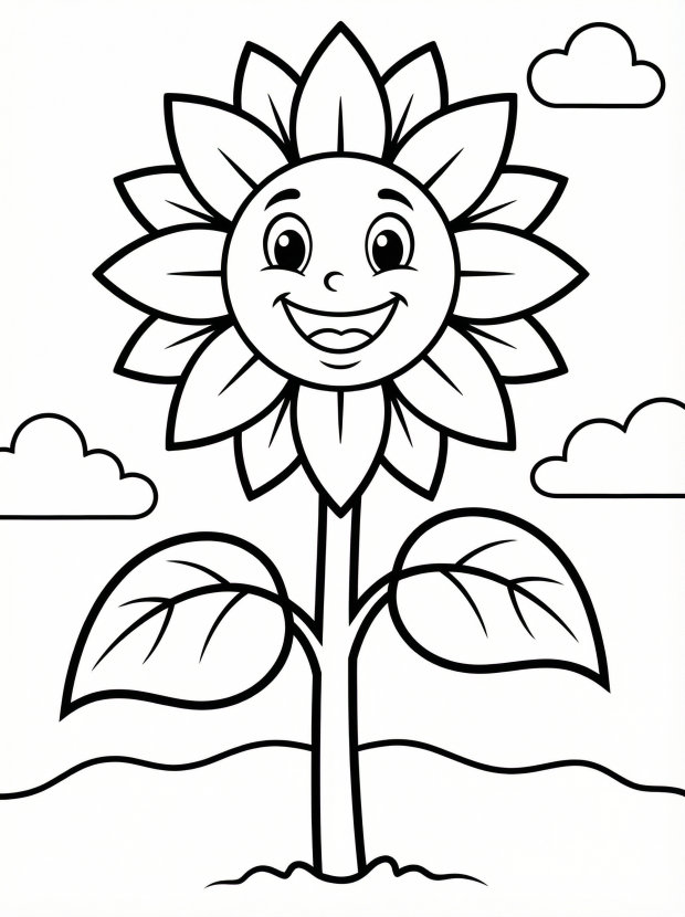 Free printable coloring page showing a tall smiling sunflower with leaves and clouds, perfect for kids to practice coloring and creativity