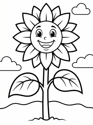 Free printable coloring page showing a tall smiling sunflower with leaves and clouds, perfect for kids to practice coloring and creativity