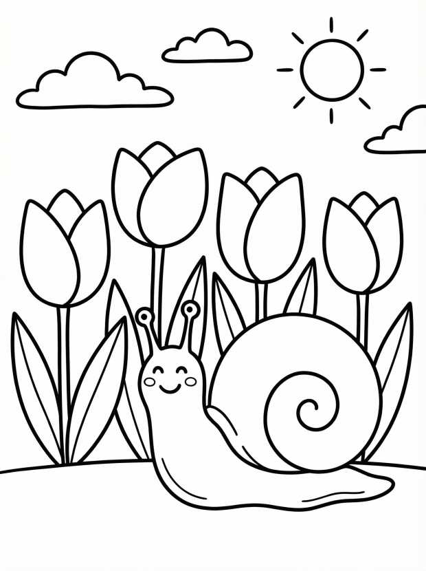 Free printable coloring page showing a row of tulips with a smiling snail, perfect for kids to practice coloring and creativity