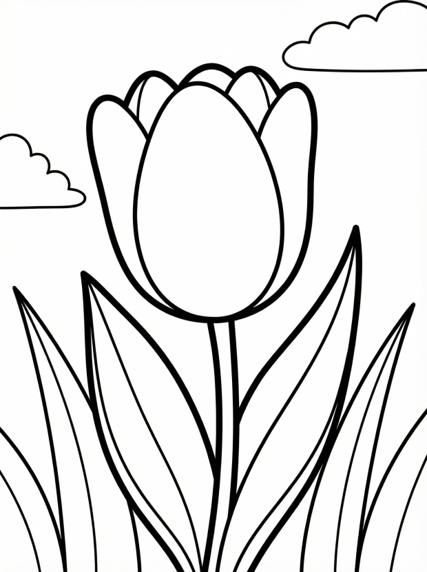 Free printable coloring page showing a single tulip with leaves and clouds, perfect for kids to practice coloring and fine motor skills