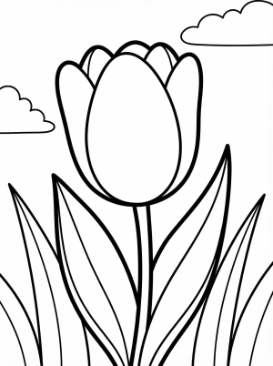 Free printable coloring page showing a single tulip with leaves and clouds, perfect for kids to practice coloring and fine motor skills