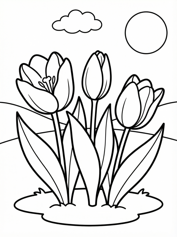 Free printable coloring page showing three tulips in a garden scene, perfect for kids to practice coloring and learn about spring flowers.