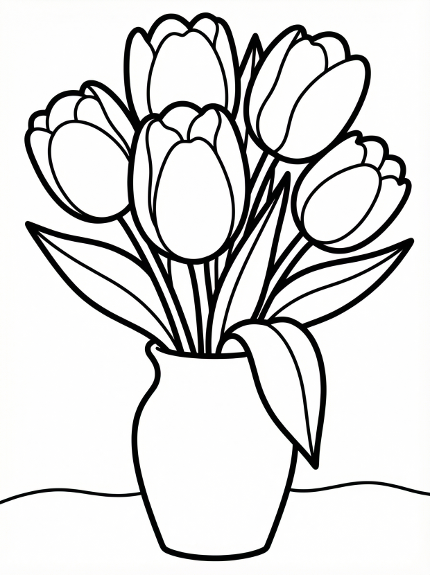 Free printable coloring page showing a tulip bouquet in a vase, perfect for kids to practice coloring and learn about flowers
