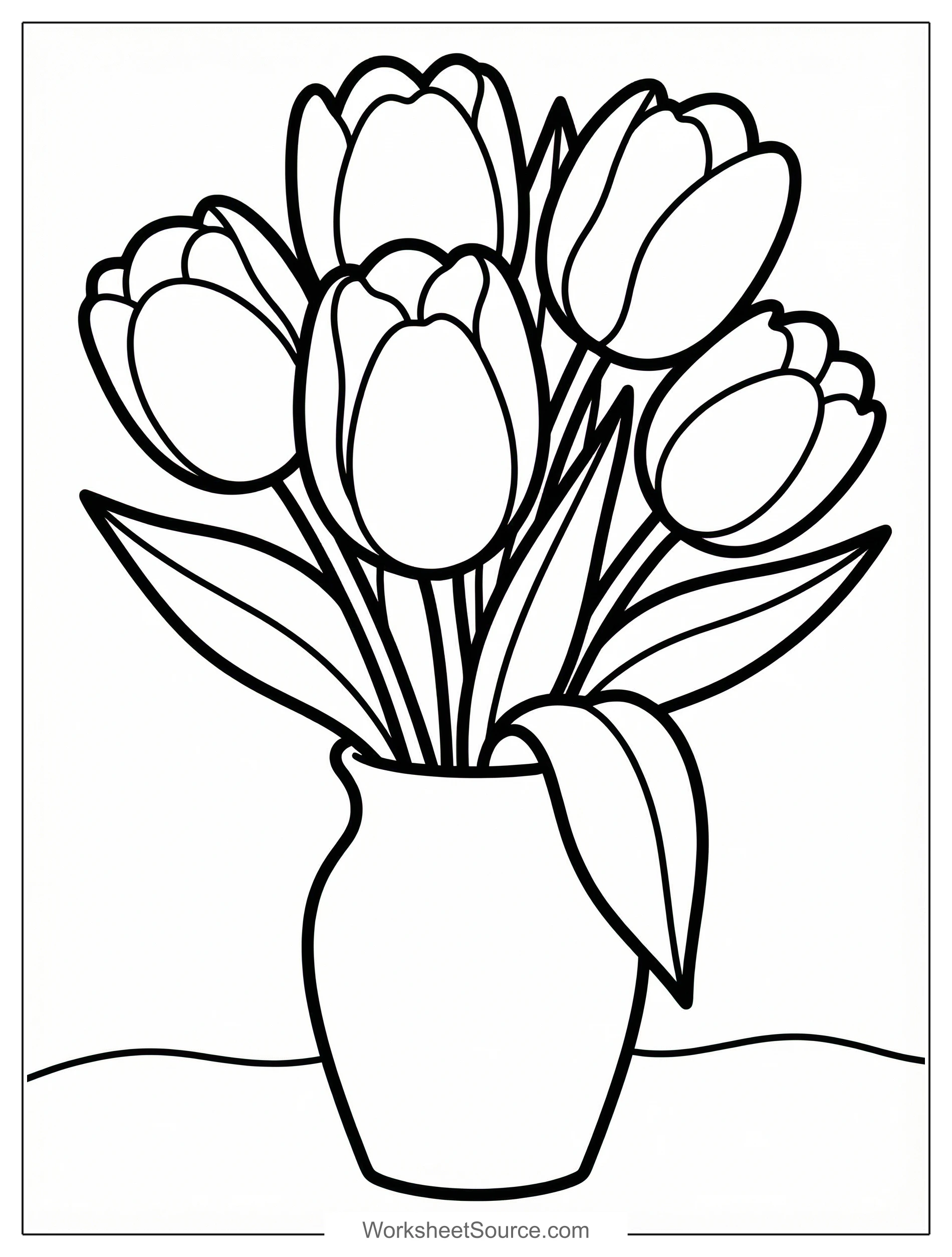 Free printable coloring page showing a tulip bouquet in a vase, perfect for kids to practice coloring and learn about flowers