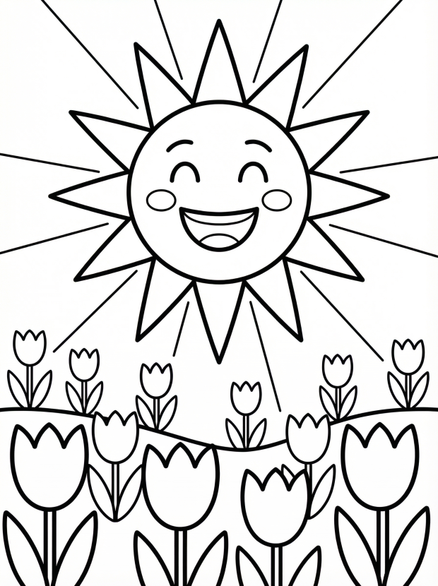 Free printable coloring page showing a smiling sun above a tulip field, perfect for kids to explore color and practice fine motor skills