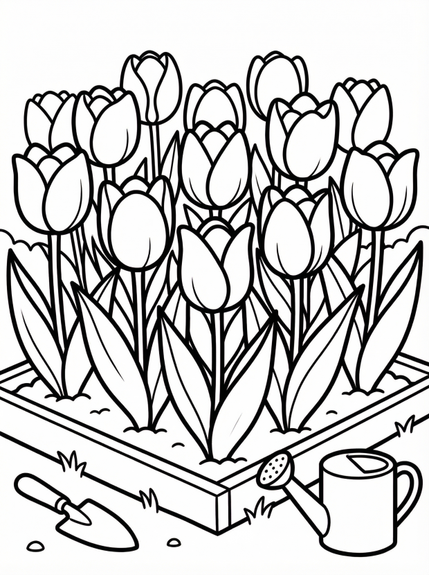 Free printable coloring page showing a tulip garden with many tulips in a planter, perfect for kids to practice coloring and creativity