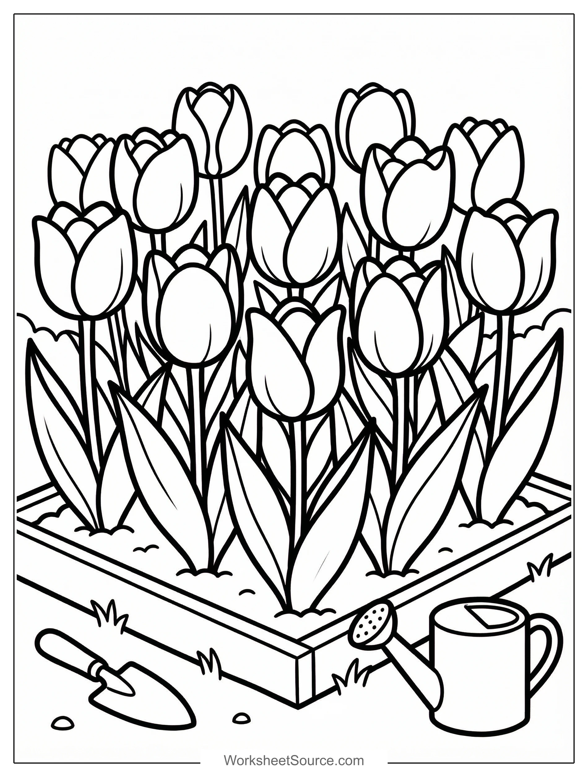 Free printable coloring page showing a tulip garden with many tulips in a planter, perfect for kids to practice coloring and creativity