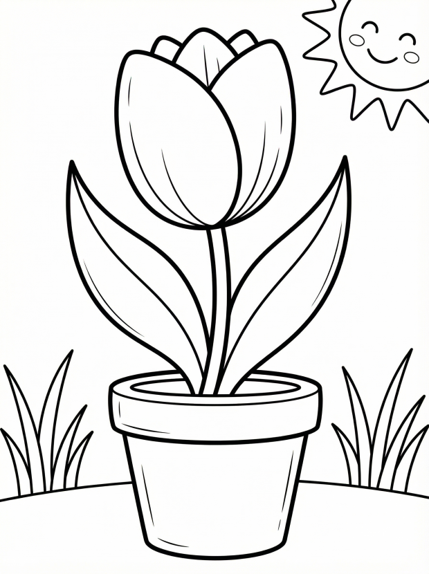 Free printable coloring page showing a tulip in a pot with leaves and sun, perfect for kids to practice color recognition and fine motor skills