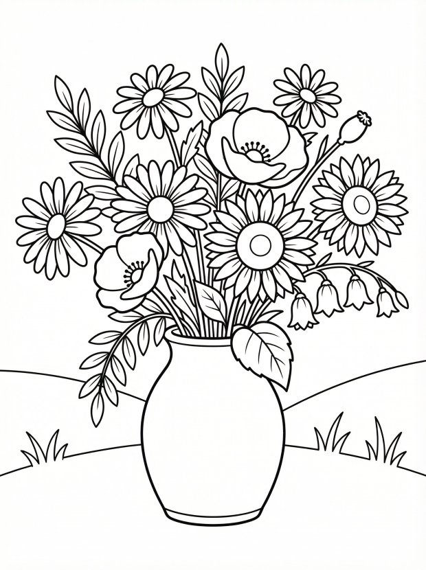 Free printable coloring page showing a vase of colorful wildflowers, perfect for kids to practice fine motor skills and color recognition
