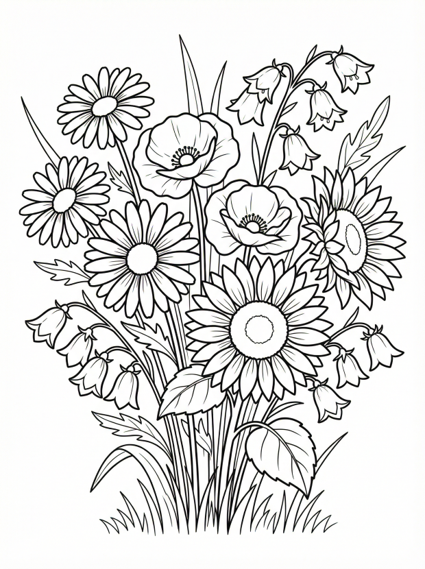 Free printable coloring page showing a bouquet of mixed wildflowers including sunflowers daisies poppies and bellflowers, perfect for kids to practice color skills