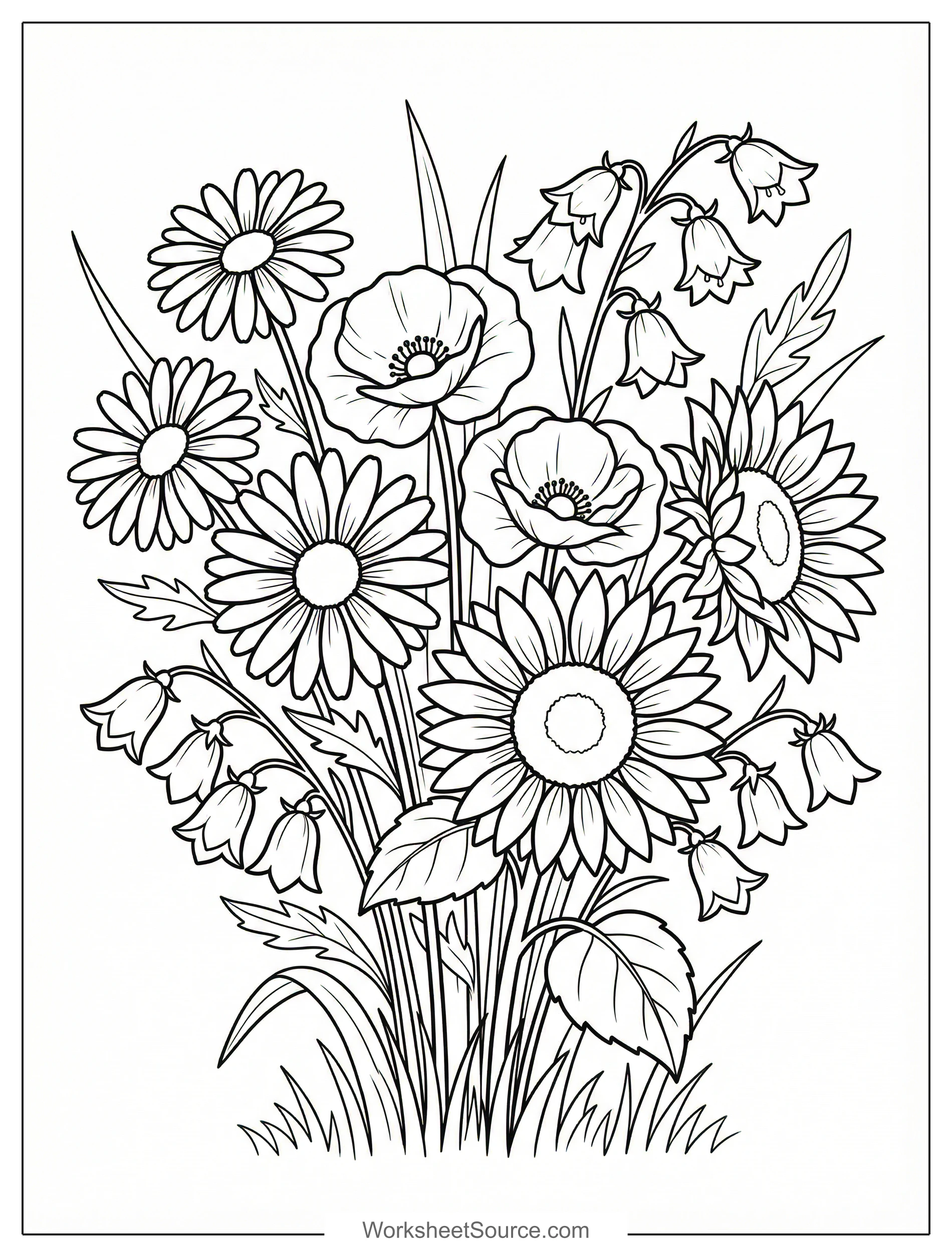 Free printable coloring page showing a bouquet of mixed wildflowers including sunflowers daisies poppies and bellflowers, perfect for kids to practice color skills