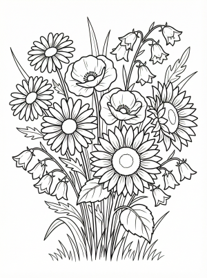 Free printable coloring page showing a bouquet of mixed wildflowers including sunflowers daisies poppies and bellflowers, perfect for kids to practice color skills