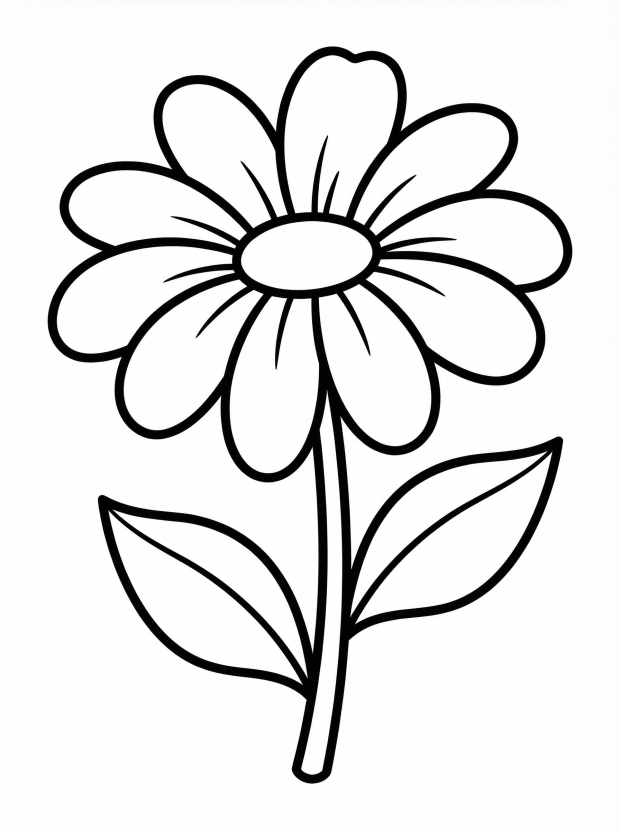 Free printable coloring page showing a single wildflower with petals and leaves, perfect for kids to practice coloring and creativity