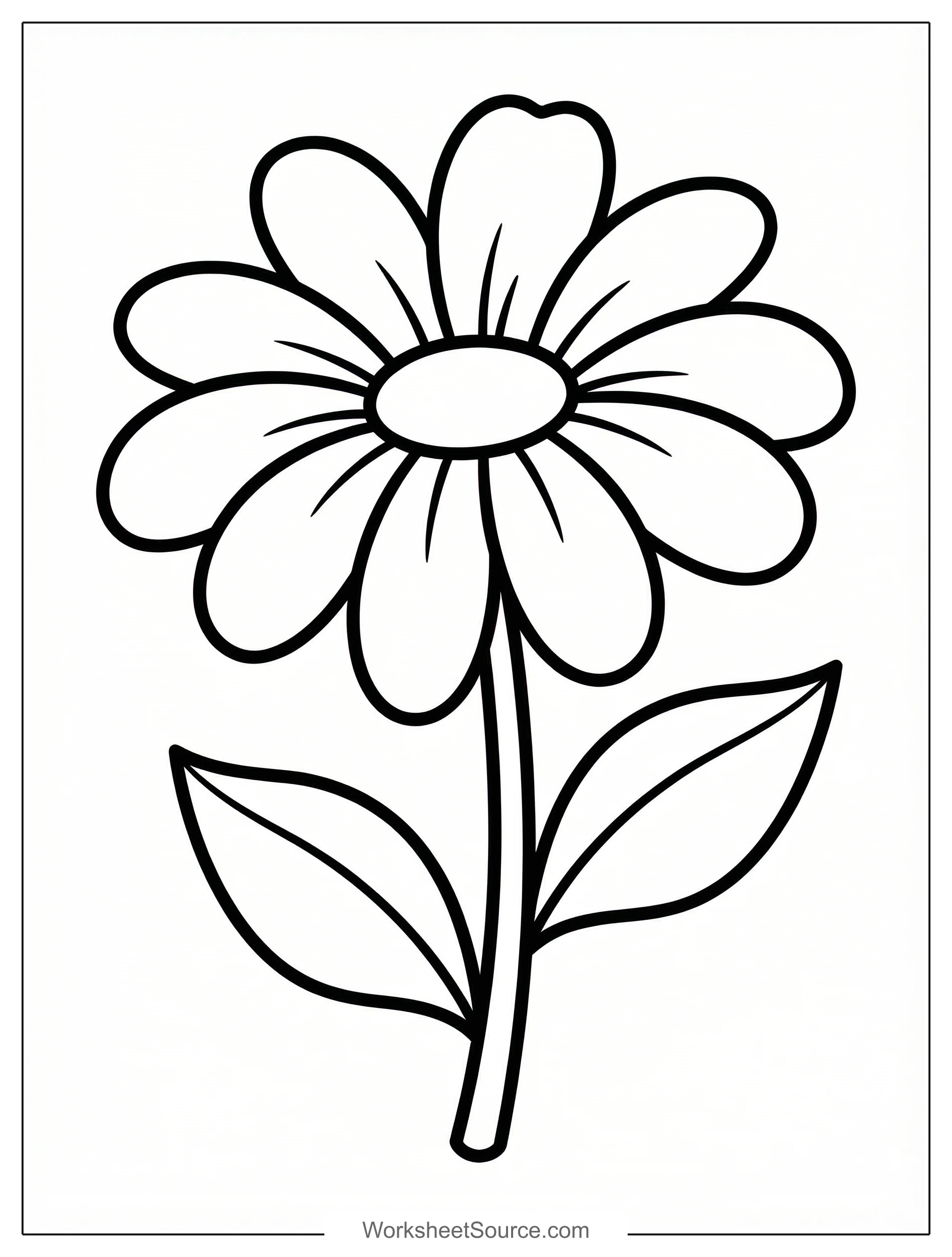 Free printable coloring page showing a single wildflower with petals and leaves, perfect for kids to practice coloring and creativity