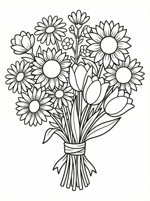 Free printable coloring page showing a wildflower bouquet with daisies tulips and stems, perfect for kids to practice coloring and fine motor skills