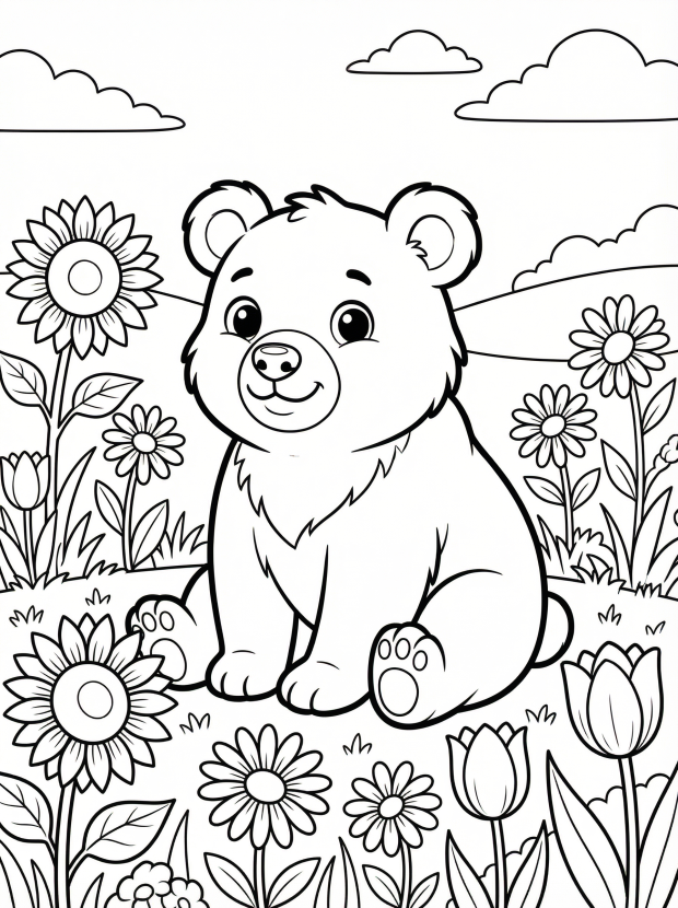 Free printable coloring page showing a bear sitting in a wildflower field, perfect for kids to practice coloring and creativity
