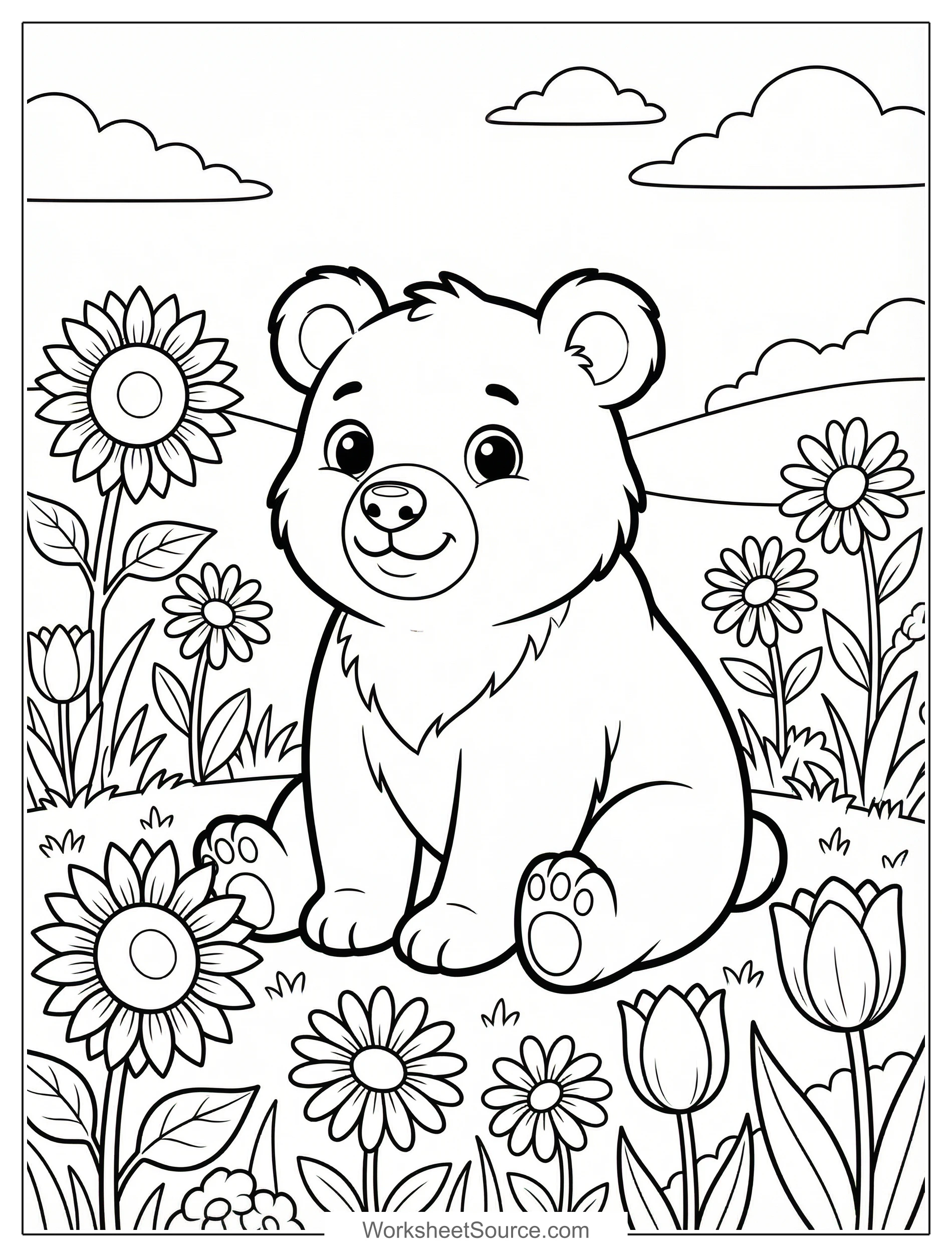 Free printable coloring page showing a bear sitting in a wildflower field, perfect for kids to practice coloring and creativity