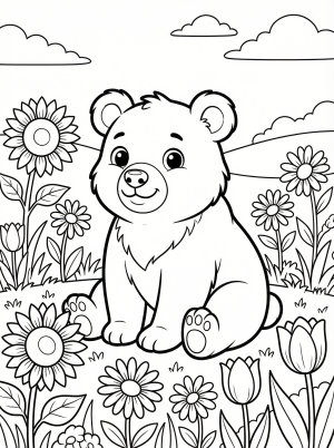 Free printable coloring page showing a bear sitting in a wildflower field, perfect for kids to practice coloring and creativity