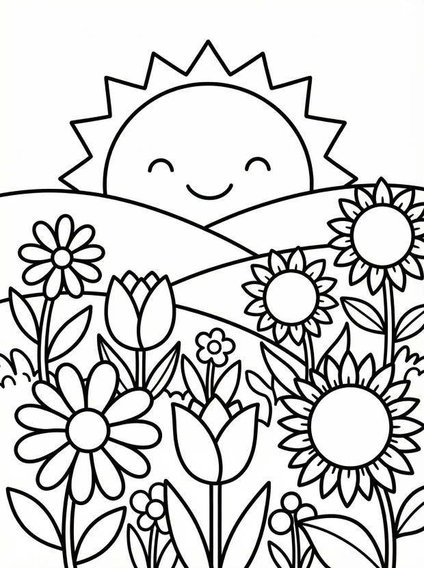 Free printable coloring page showing a cheerful sun over a wildflower meadow, perfect for kids to practice coloring skills and creativity