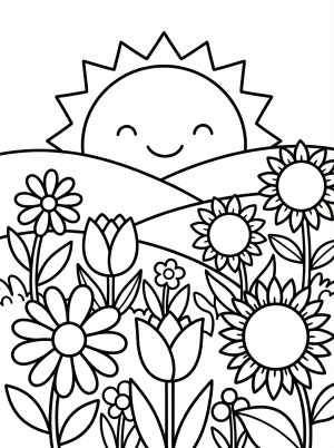 Free printable coloring page showing a cheerful sun over a wildflower meadow, perfect for kids to practice coloring skills and creativity