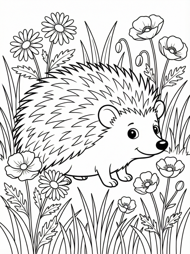 Free printable coloring page showing wildflowers and grass with a hedgehog, perfect for kids to practice coloring and observational skills