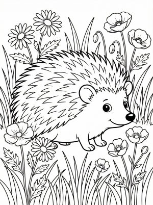 Free printable coloring page showing wildflowers and grass with a hedgehog, perfect for kids to practice coloring and observational skills