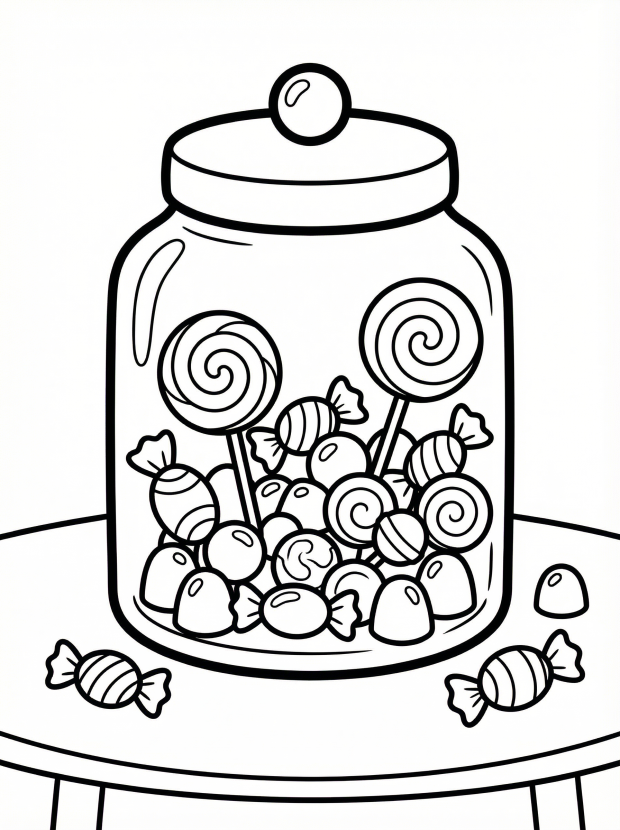 Free printable coloring page showing a candy jar filled with lollipops and wrapped sweets, perfect for kids to practice coloring and counting