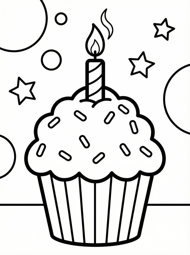 Free printable coloring page showing a birthday cupcake with candle and sprinkles, perfect for kids to practice color choices and fine motor skills