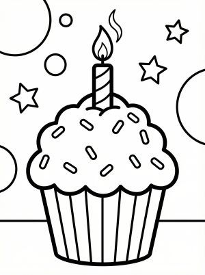 Free printable coloring page showing a birthday cupcake with candle and sprinkles, perfect for kids to practice color choices and fine motor skills