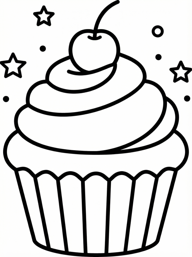 Free printable coloring page showing a cupcake with swirled frosting and a cherry on top, perfect for kids to practice coloring and creativity