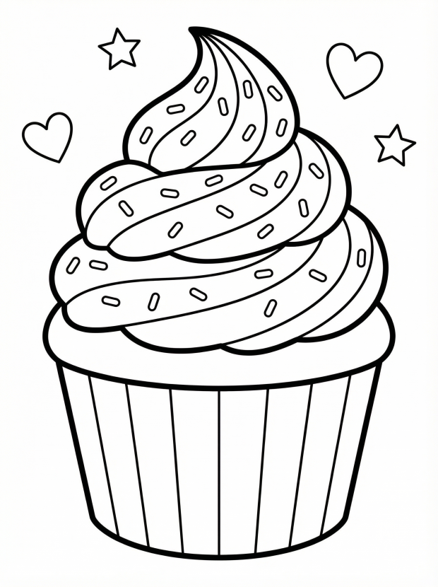 Free printable coloring page showing a cupcake with frosting swirl and sprinkles, perfect for kids to practice color recognition and fine motor skills
