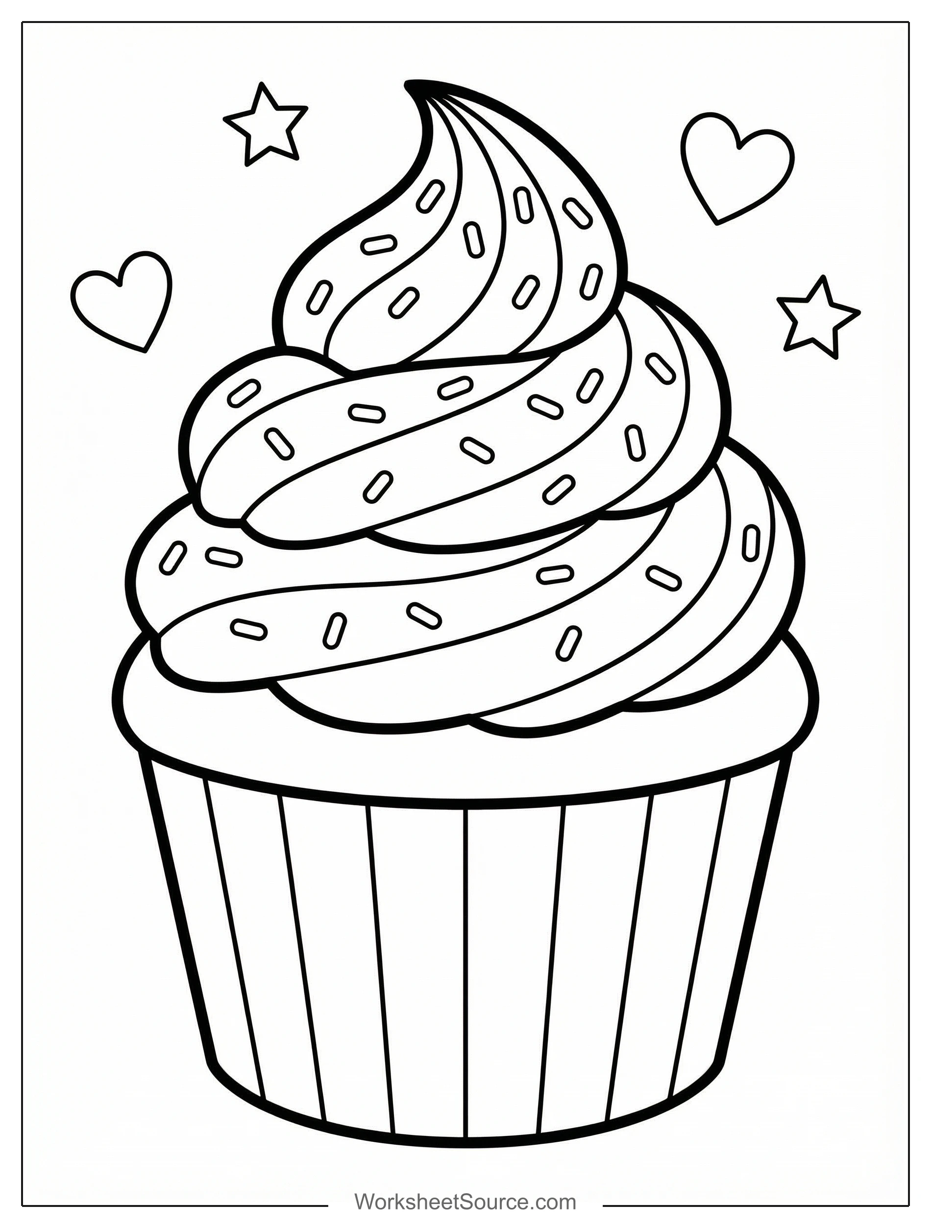 Free printable coloring page showing a cupcake with frosting swirl and sprinkles, perfect for kids to practice color recognition and fine motor skills