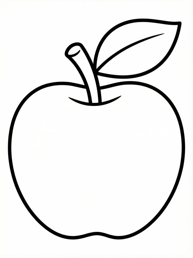 Free printable coloring page showing a simple apple with a leaf, perfect for kids to practice coloring and learn about fruit