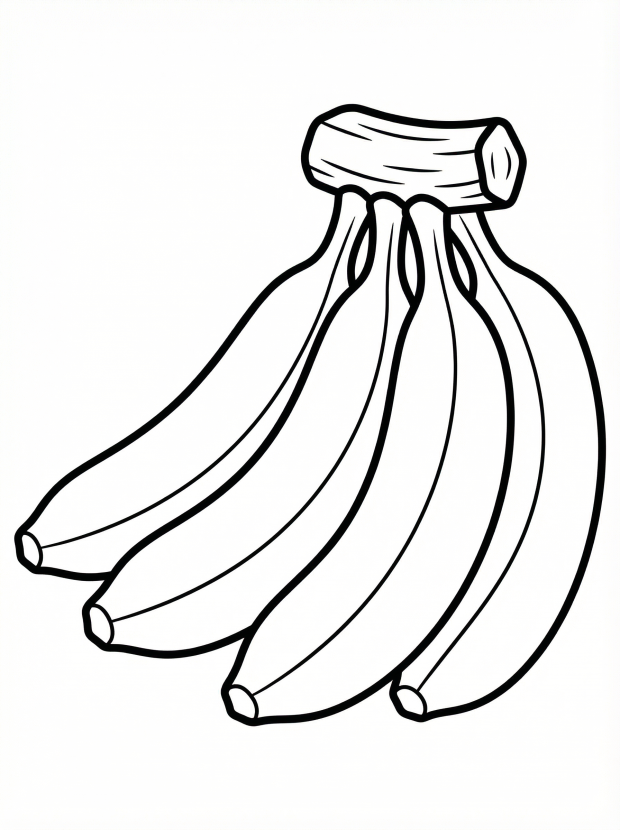 Free printable coloring page showing a banana bunch, perfect for kids to practice coloring and learn about fruit
