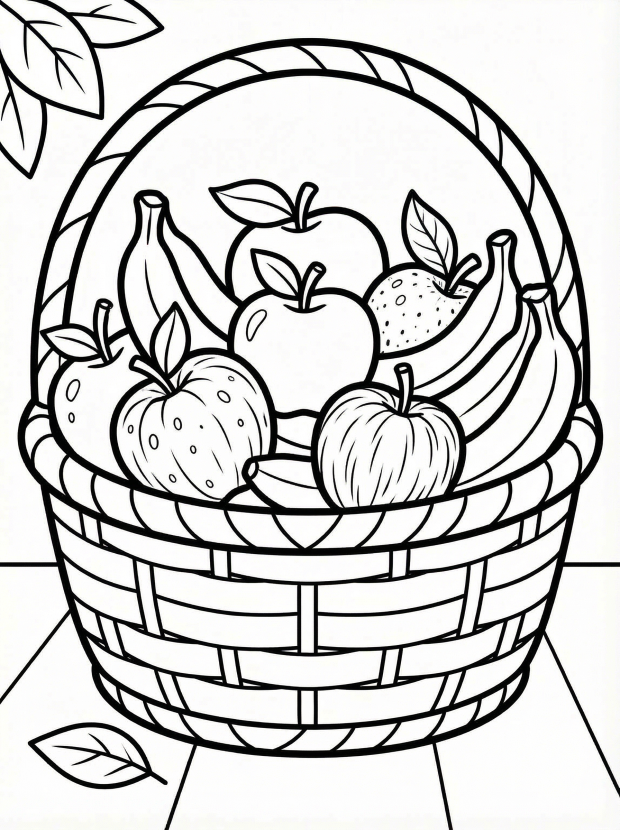 Free printable coloring page showing a fruit basket with apples and bananas, perfect for kids to practice coloring and learn fruit names