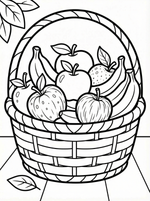 Free printable coloring page showing a fruit basket with apples and bananas, perfect for kids to practice coloring and learn fruit names
