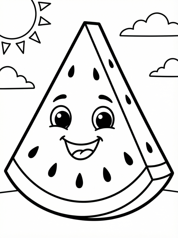 Free printable coloring page showing a smiling watermelon slice with seeds, perfect for kids to practice coloring and creativity
