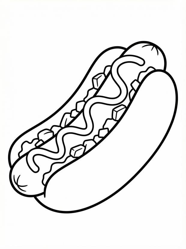 Free printable coloring page showing a hot dog with toppings, perfect for kids to practice coloring and learn food vocabulary