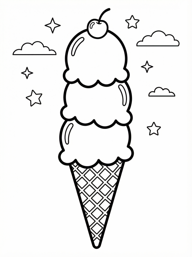 Free printable coloring page showing an ice cream cone with three scoops and a cherry on top, perfect for kids to practice coloring and creativity