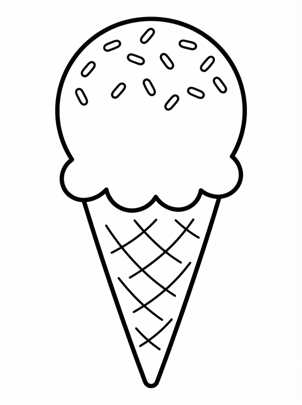 Free printable coloring page showing an ice cream cone with sprinkles, perfect for kids to practice coloring and color recognition
