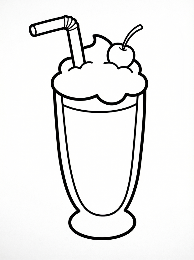 Milkshake With Straw and Cherry coloring page for kids - black and white line art ready to print and color