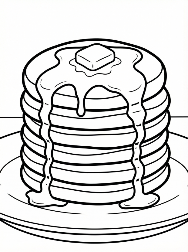 Free printable coloring page showing a tall pancake stack with syrup and butter, perfect for kids to practice focus and creativity