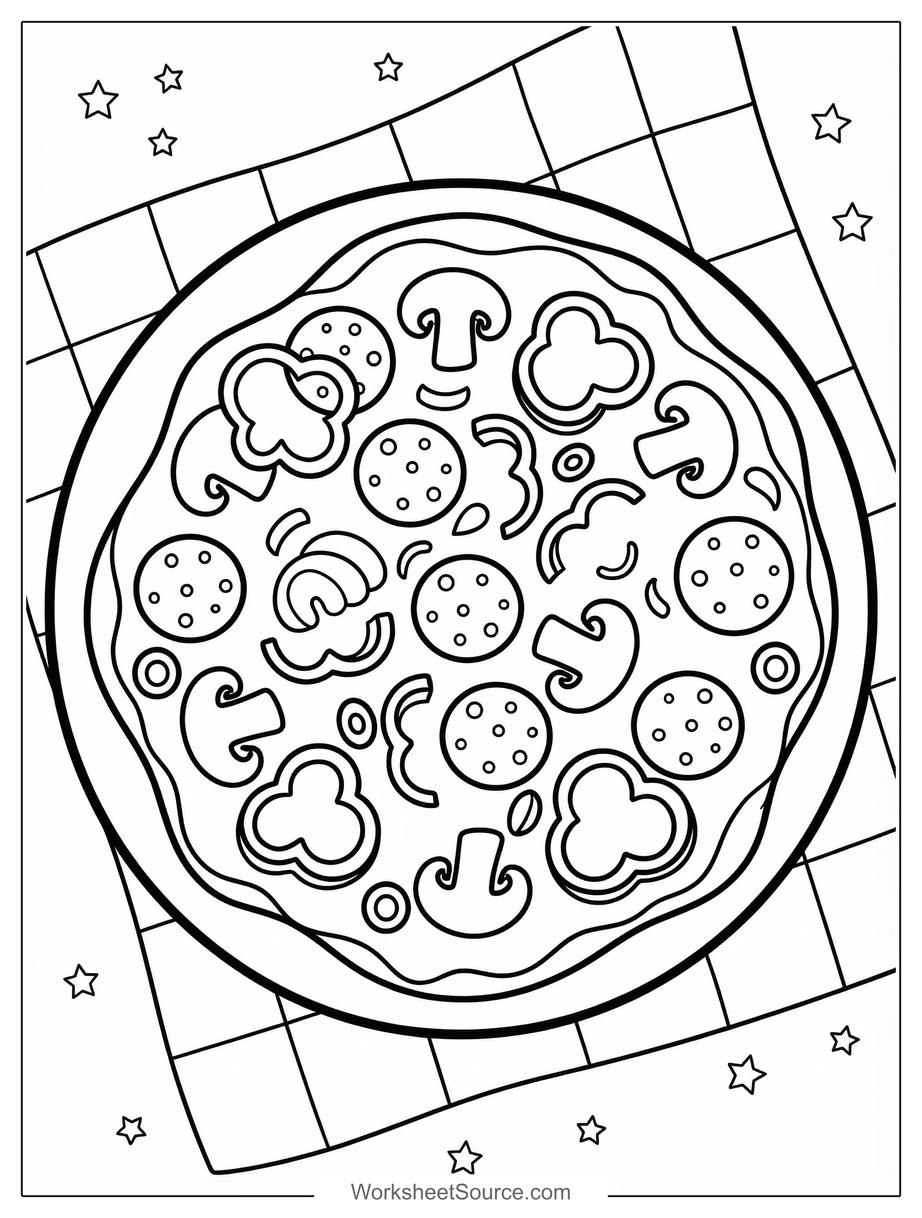 Free printable coloring page showing a pizza with toppings like pepperoni mushrooms and peppers, perfect for kids to practice color recognition