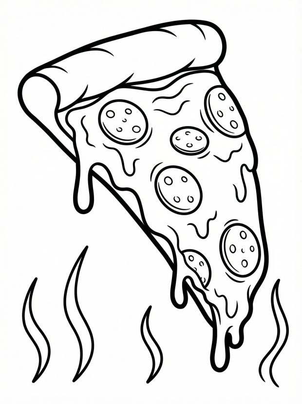 Free printable coloring page showing a dripping pepperoni pizza slice, perfect for kids to practice coloring and fine motor skills
