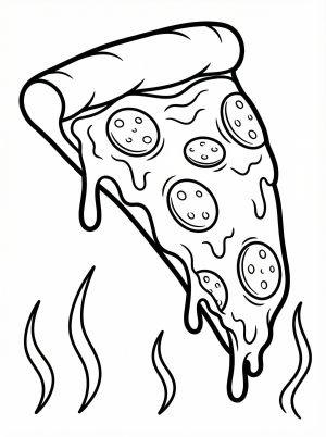 Free printable coloring page showing a dripping pepperoni pizza slice, perfect for kids to practice coloring and fine motor skills